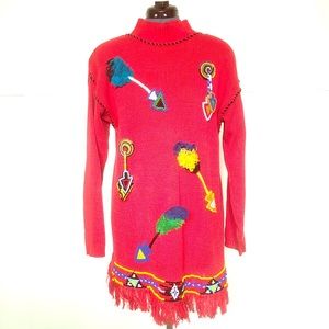 Vintage 80s 90s Bold Colorful Embellished Sweater Native American Indian Beaded